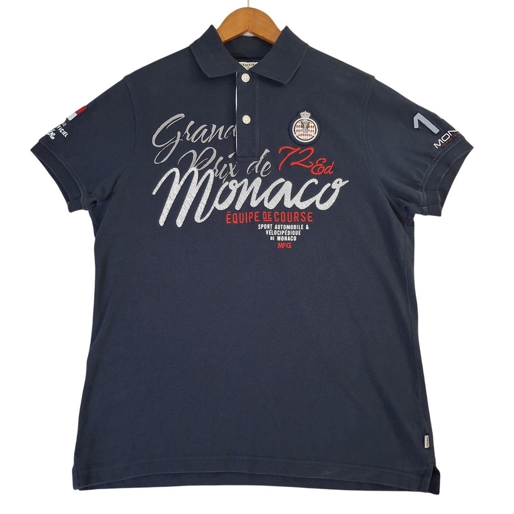 McGregor Monaco Grand Prix Polo Shirt Mens Large* Navy Racing Graphic Cotton